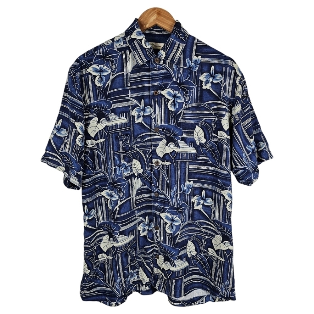 Vintage Tommy Bahama Silk Camp Shirt Medium Mens Blue Button Up Tropical